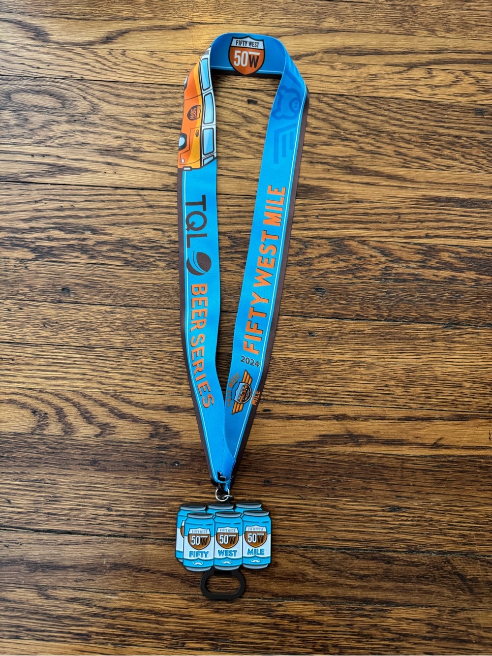 Fifty West Mile 50W Beer Series Medal Lanyard - Blue & Orange beer opener